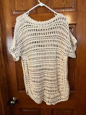 Chico’s 2 (Large) Linen Blend Cream Crochet Over piece Short Sleeves